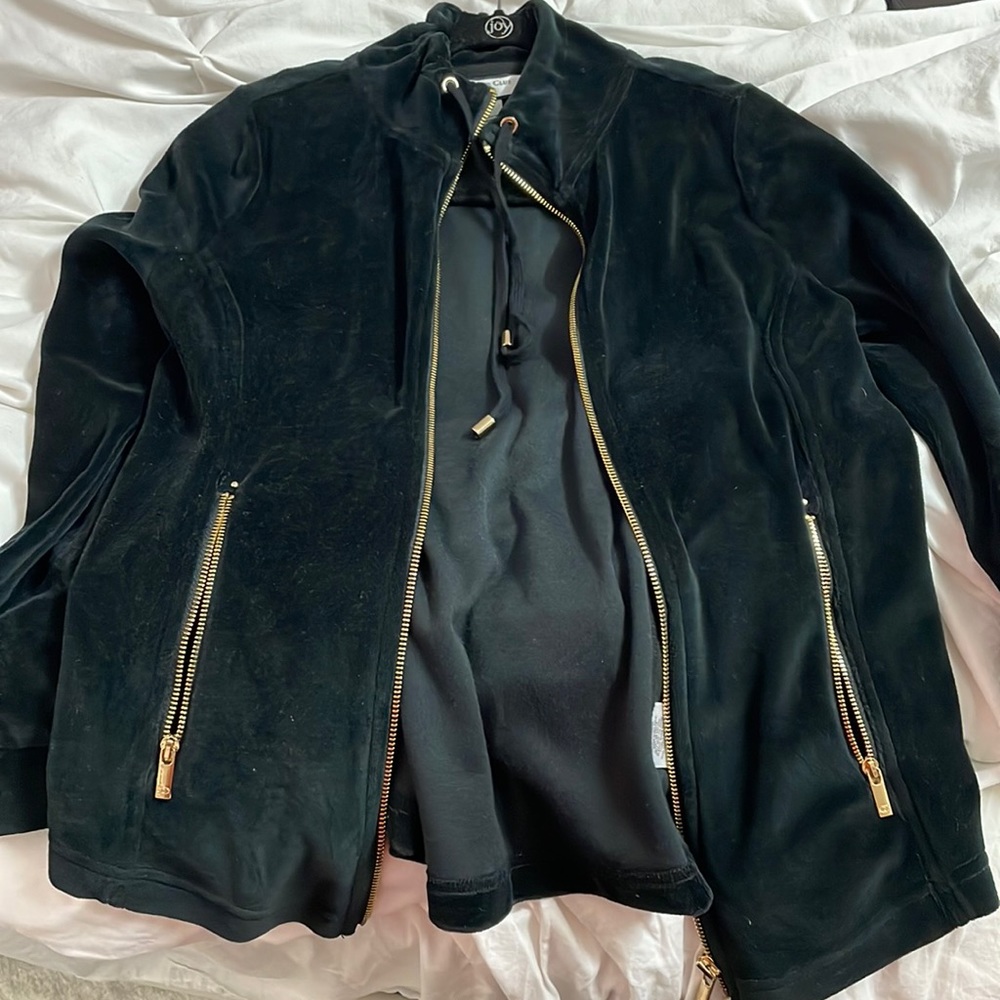 Black velvet petite zip front sweater